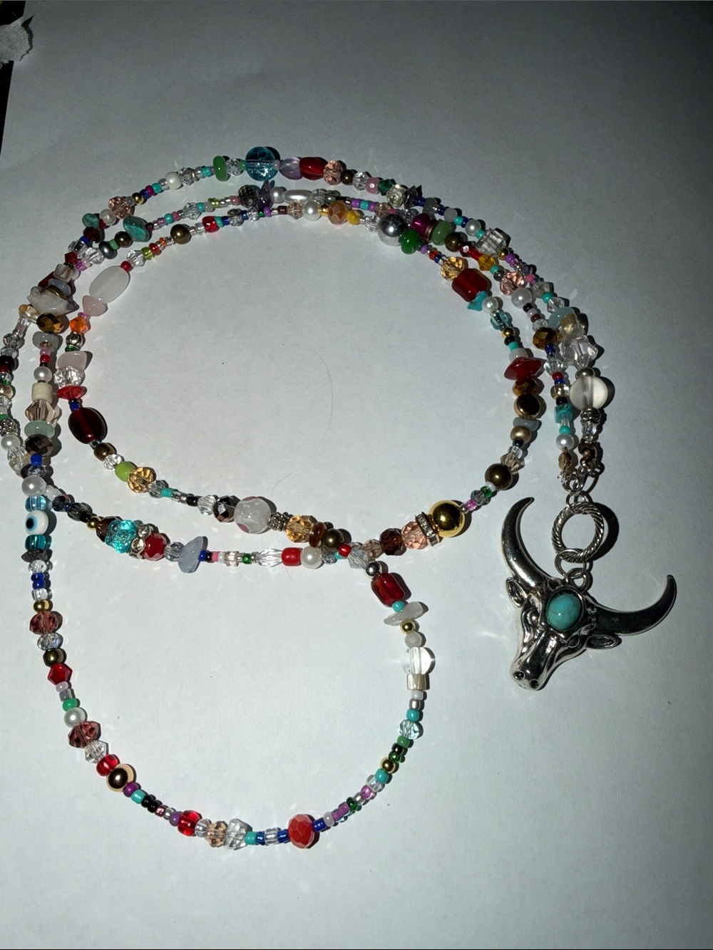 Handmade Multicolor Beaded Necklace with Silver Bull Pendant by Sassy Charmer